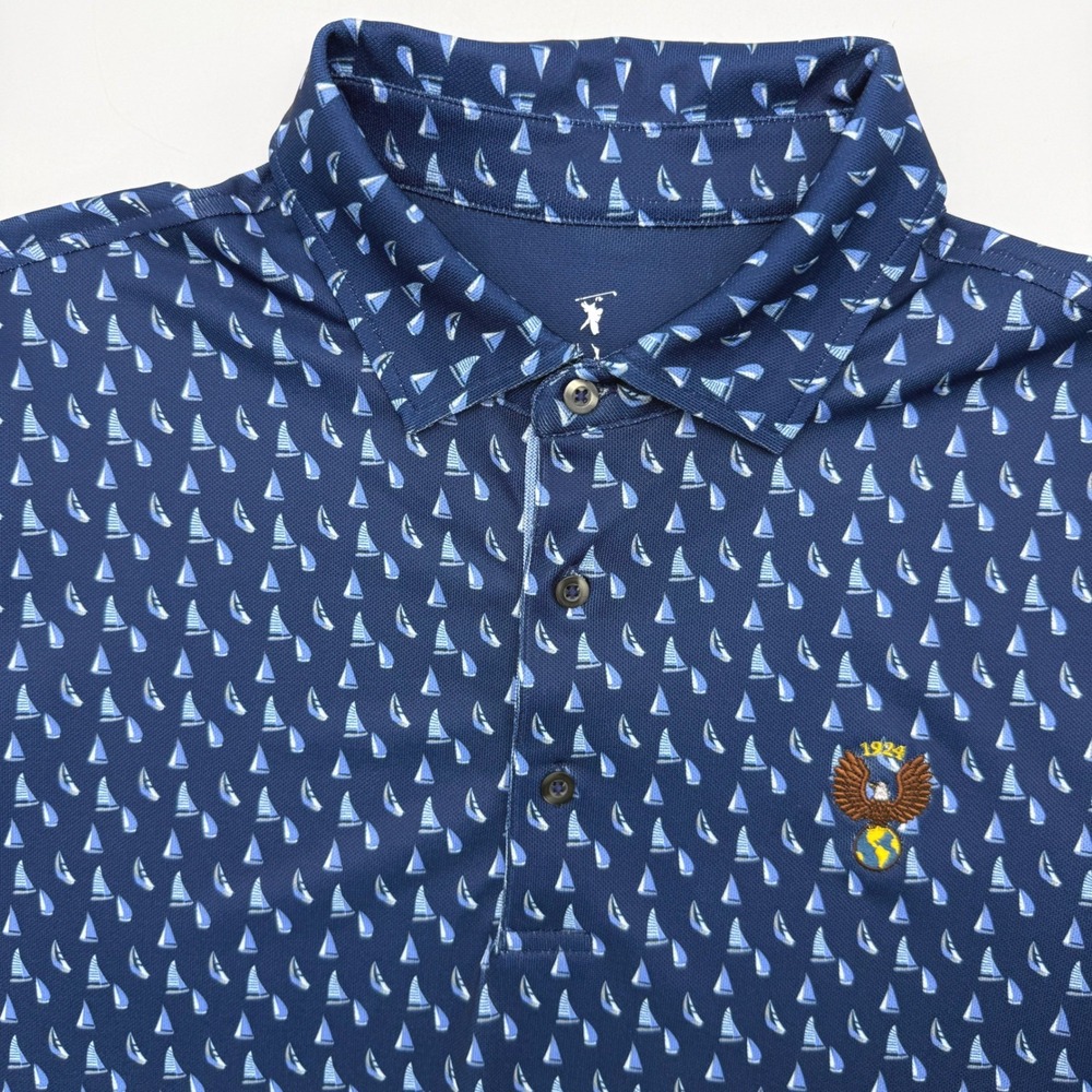 Fairway & Greene Polo Men L Navy Sailboat Print Performance Golf Shirt USA Made